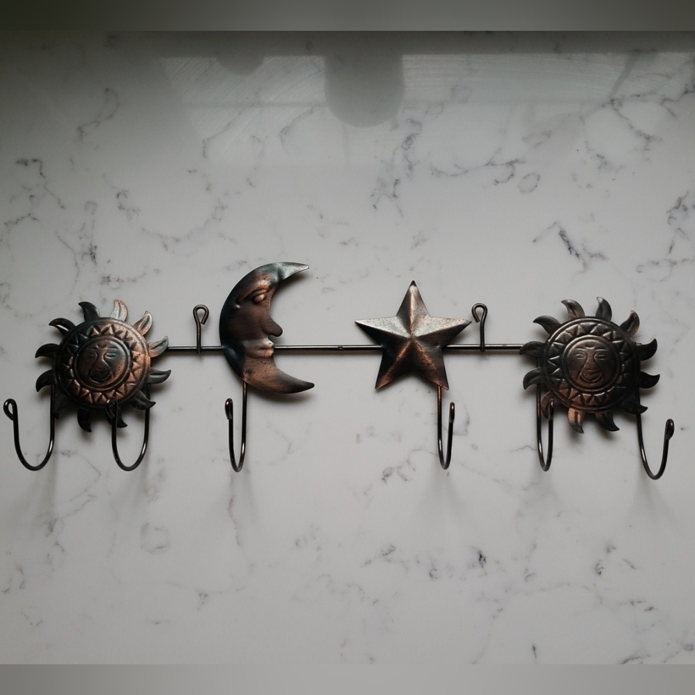 Vintage 90s Celestial Sun Moon Star Metal Hook Rack Wall Decor Whimsigoth